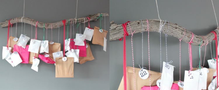 Iný druh adventného kalendára - na konári naplaveného dreva visia balíčky plné prekvapení Adventný kalendár s rozdielom -návody-naplavené drevo-hnedý-papier-balík