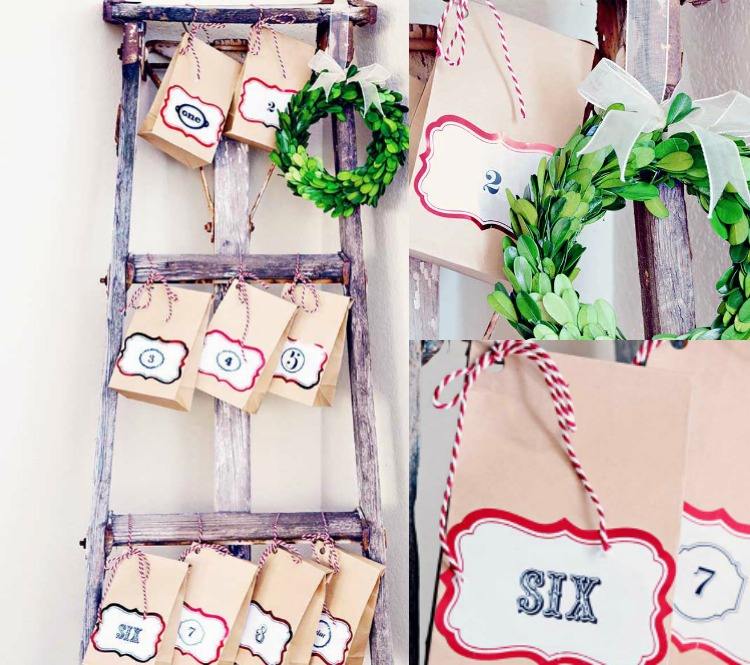 Na rebrík zaveste papierové vrecúška s drobnými darčekmi adventný kalendár-rôzne-návody-rebrík-drevené-schody