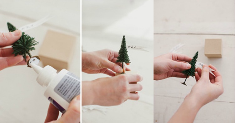 Pôvodne ozdobte malé darčekové krabičky z hnedého papiera advent-kalendár-časy-rôzne-návody-plastová-jedľová-modelárska-lepidlo