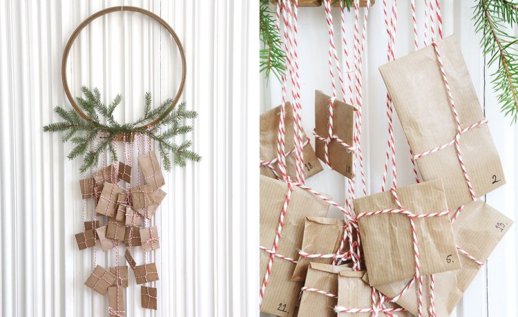 drotár adventný kalendár sami nápad vyšívací rám drevený veniec závesné jedľové konáre