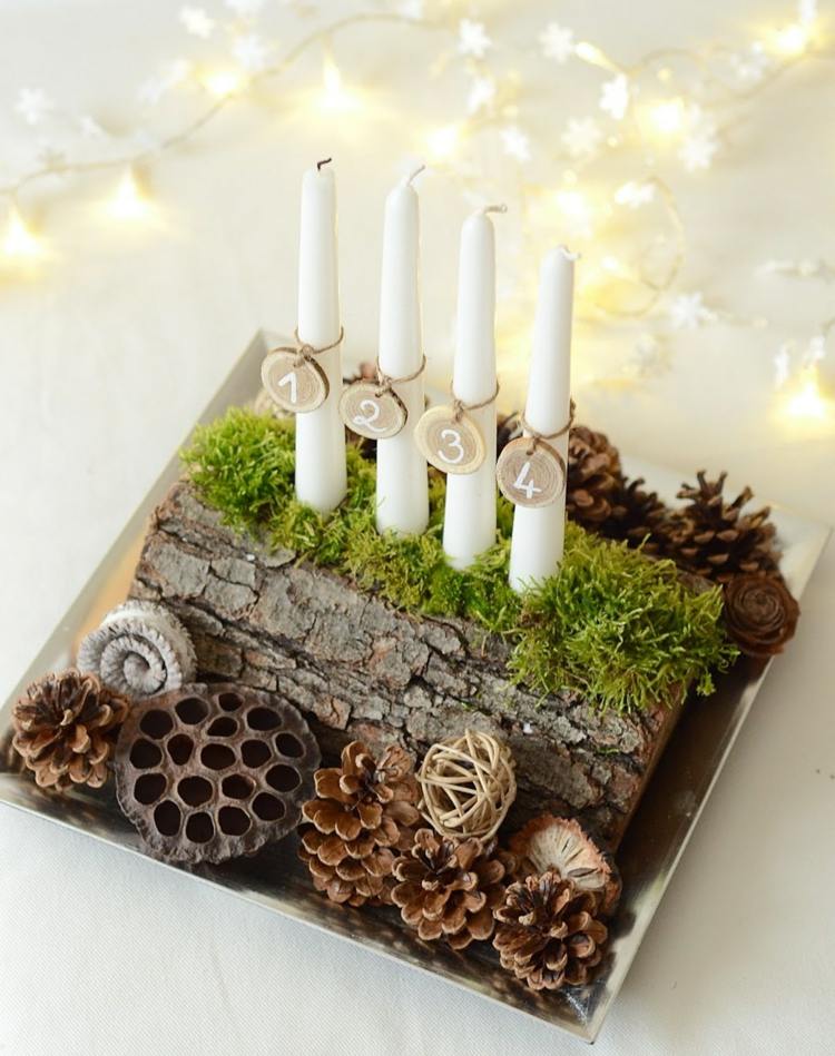 Adventný veniec zo zvisle rozpoleného klátu s ozdobou adventný veniec-drevené-sviečky-ŠPZ-mach-ratanové-guľôčkové-šišky