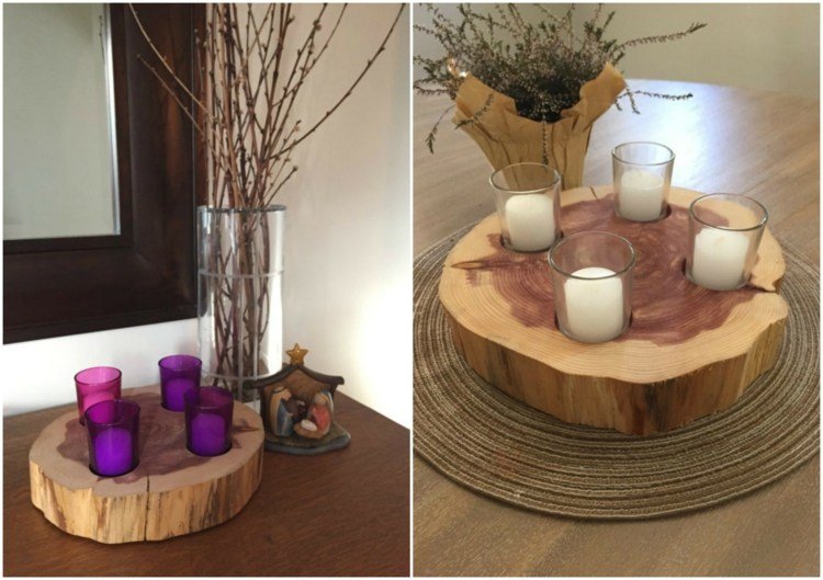 Jednoduchý adventný veniec na drevenom disku so štyrmi sklenenými svietnikmi adventný veniec-drevo-strom-plátok-lacné-čajová sviečka-sklenená váza-vianočná postieľka
