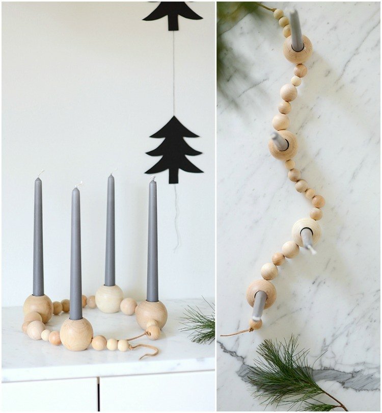 Jednoduchý adventný veniec vyrobený z reťaze guličiek so sivými sviečkami adventný veniec-drevené gule-retiazkové-sviečky-sivá-jedľová ratolesť