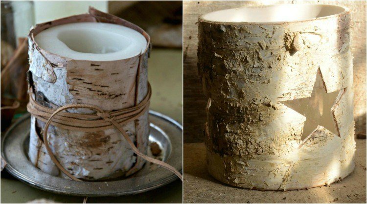 Na svietnik na stôl môžete namiesto svietnikov použiť brezovú kôru adventný veniec-drevo-guľatá-kôra-hviezda-držiak na sviečku-sviečka-biele-lano