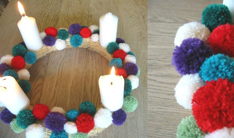 Adventný veniec vyrobený z guličiek priadze - bambule Adventný veniec z guličiek-vyrobte si-pompom-priadze-sviečky-okrúhle