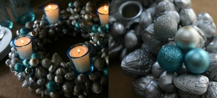 Adventný veniec vyrobený z orieškov a guličiek v trblietavých chladných nuansách adventné vence-gule-vyrobte si-strieborno-modro-metalické-efekty