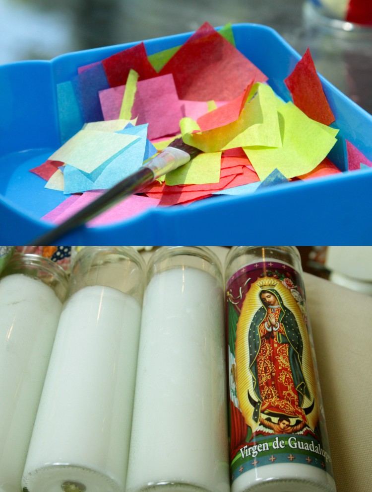 drotársky adventný veniec deti lepia na kúsky skla z papierových sviečok