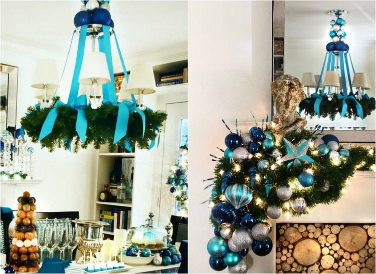 Vianočné ozdoby v zelenej a modrej farbe adventné vence-visiace-drotárske-modro-saténové stužky-sklenené ozdoby