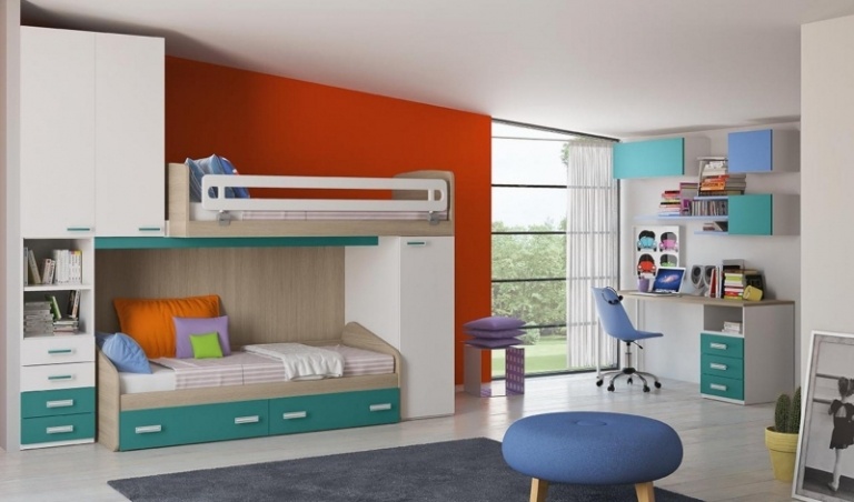 Javorový nábytok-biela-modrá-Maedchenzimmer-huňatý-koberec