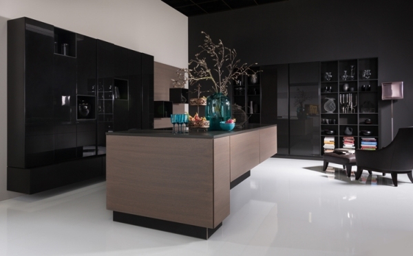 Kuchyňa 2013 čierny lesk kuchynský hnedý ostrovček Kuchyne 2013 čiernobiely lesklý podlahový hnedý ostrov