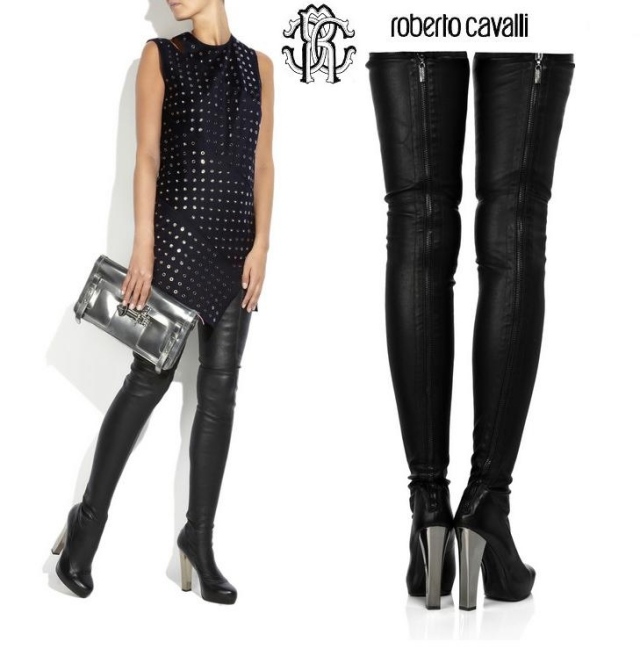dámska obuv po stehná na zimnú sezónu čierny podpätok roberto cavalli