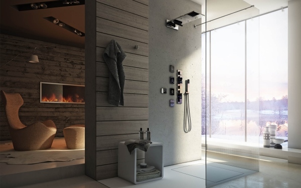 sprchová hlavica a sprchové armatúry dizajn sklenená sprchová kabína predstav