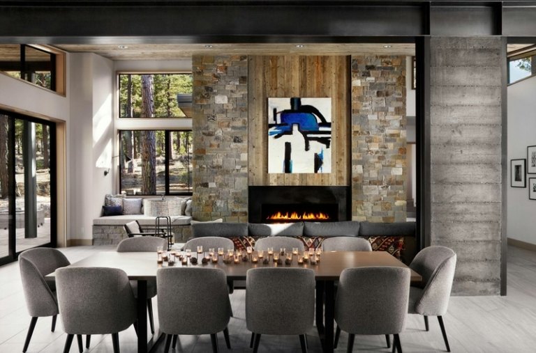 prízvuk kamenný múr jedálenský kút dizajn betónový stĺp oceľ