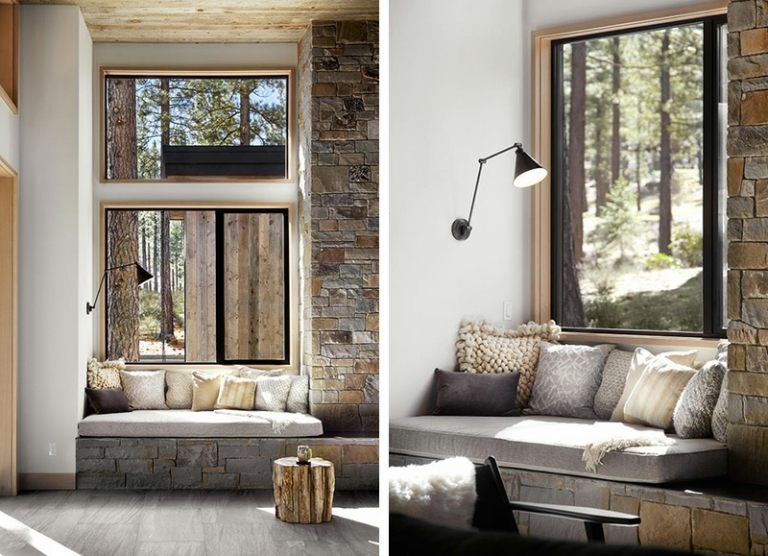 prízvuk kamenná stena sedacia časť čalúnenie rohová lampa bočný stolík polica