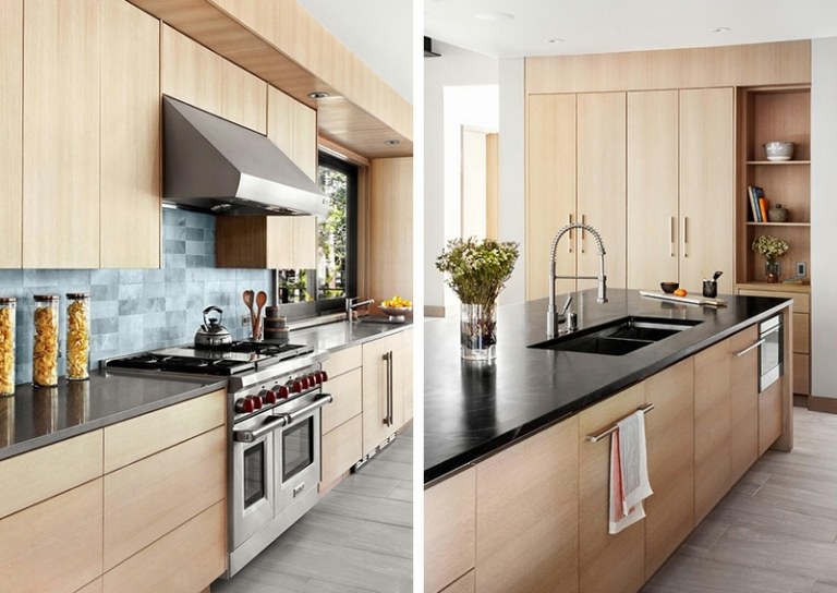 akcentová stena kamenný kuchynský ostrovček drez čierna doska na dosku zrkadlo šedá