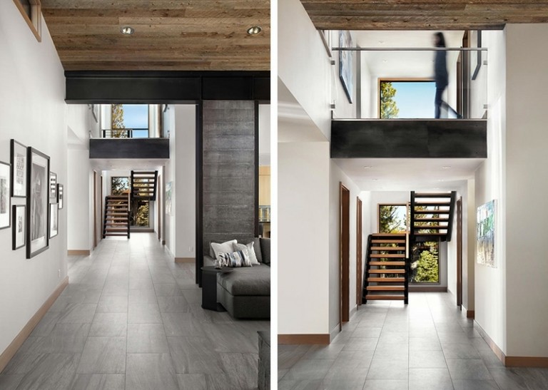 akcentová stena kamenná chodba schodisková plocha moderný interiér dizajn bielej steny