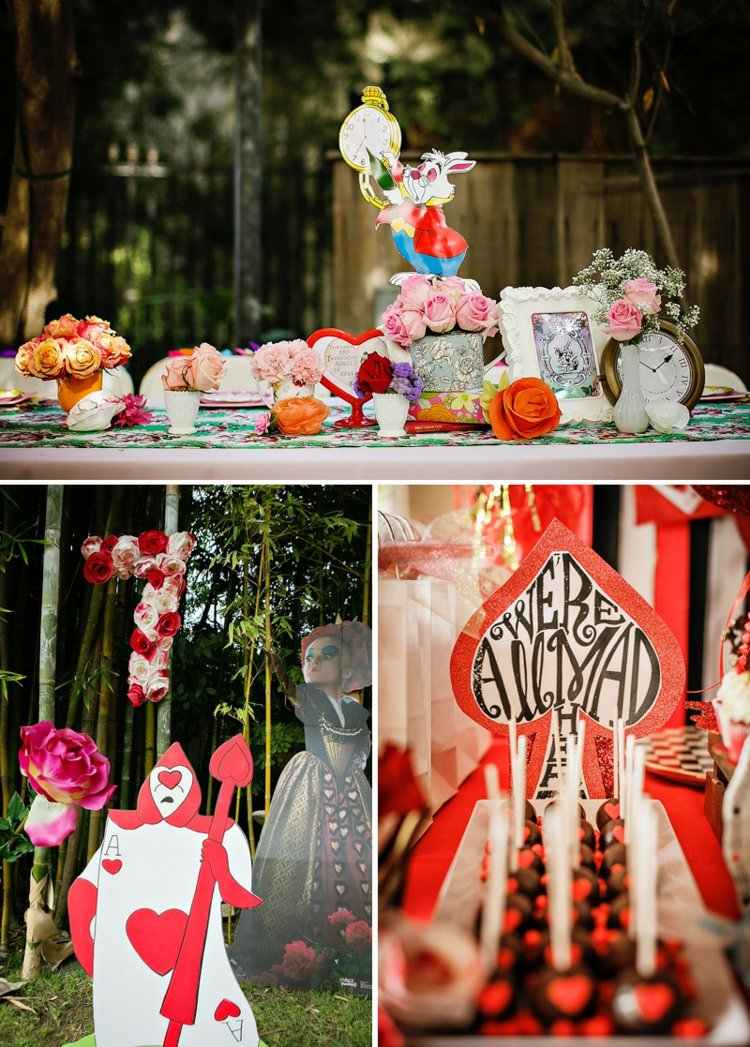 alice-krajina divov-téma-párty-hodinky-kráľovná-zo-srdca-karty-králičia záhrada