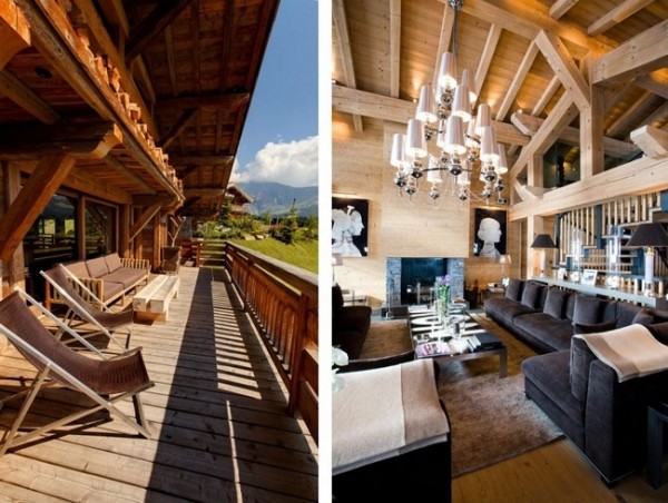 Terasa s ozdobným interiérovým lustrom s výhľadom na hory Terasa s ozdobným lustrom s výhľadom na hory