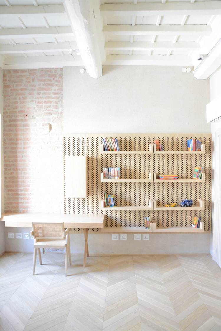 Staro-nové-zariaďovacie-bývanie-štýl-mixovanie-štúdia-detská izba-poličky na stenu