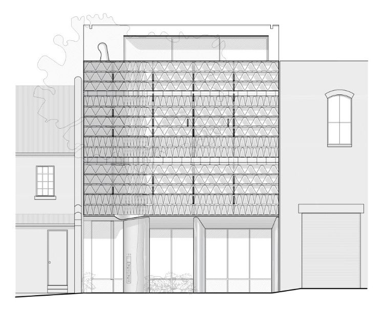 stará strešná škridla recyklácia architektúra exteriér fasáda konštrukcia projekt kancelárska budova recyklácia materiál dizajn pôdorys