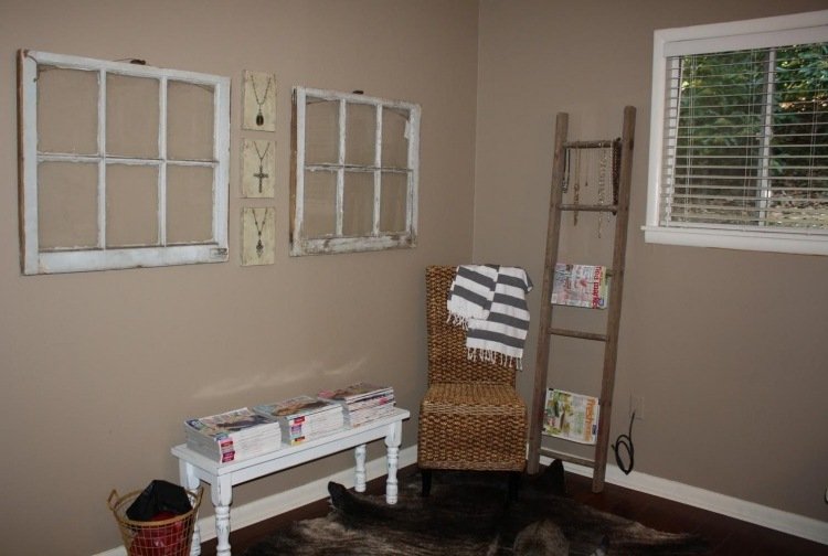 old-window-decoration-wall-paint-taupe-vintage-rattan-chair-fur-carpet-sideboard-ladder