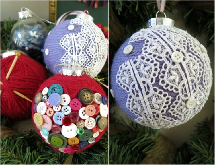 skrášliť staré vianočné gule gombíky omotať čipkovanú priadzu
