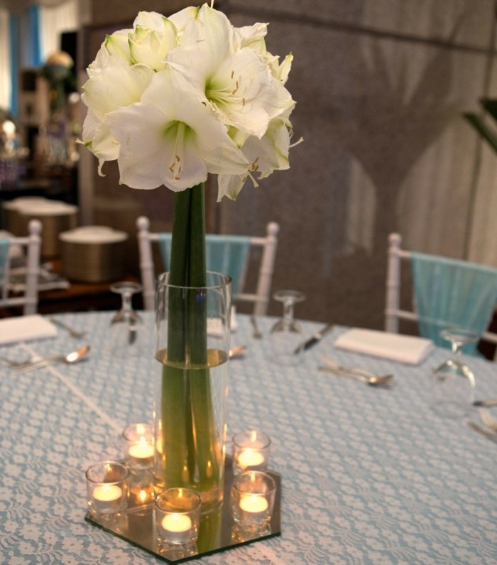 dekorácia sviatočného stola biela amarylka Dekorácia stola biele amarylkové lampáše