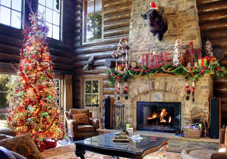 Vianočné dekorácie do veľkej obývačky - umelý vianočný stromček Americké vianočné ozdoby Nápady na vianočný stromček