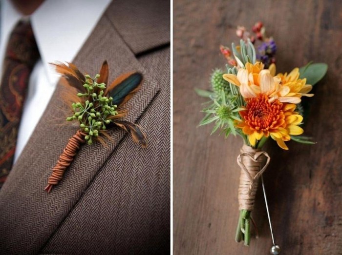 Boutonniere aranžované s perím svadobnými šperkami na jesennú svadbu nápady-boutonniere-ženích-šperky-jeseň-svadba