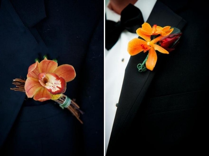 Oranžová orchidea ako nápad na šperky pre ženícha vyzerá s motýlikom tradičné-boutonniere-orchidea-oranžová-ženích-šperky-jesenné-svadobné-mašle-kravaty