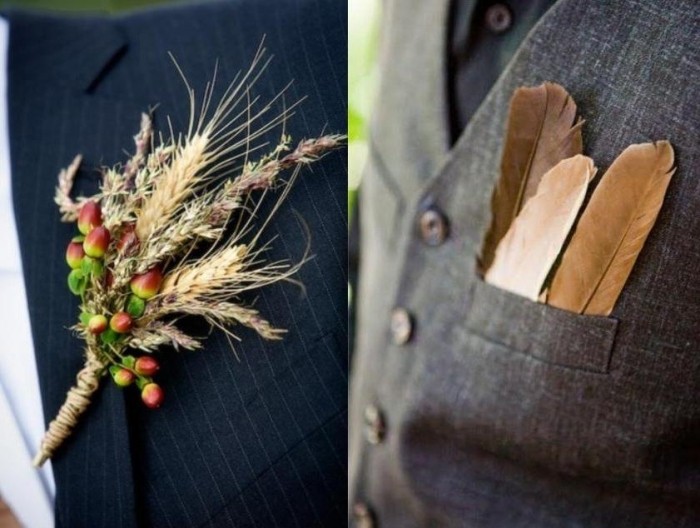 extravagantné nápady na klopové kvetinové ženíchové šperky s pšeničnými ušami a perím extravagantné nápady-klopa-kvetina-ženích-vesta-šperky-jeseň-svadba