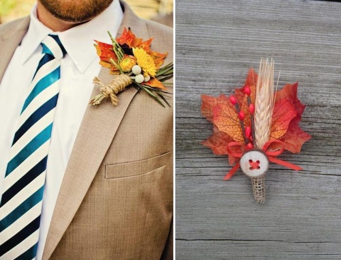 pekná kvetinová úprava z listov a pšeničných klasov aranžmán-kvet-na-klope-jesenné-listy-šperky-ženích-jesenné-listy-aranžmán