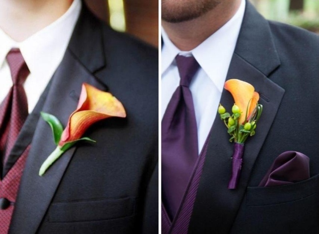 Boutonniere-Calla v žiarivých oranžových tónoch-ženích-šperky a vreckové štvorčeky vo fialovej farbe Boutonniere-boutonniere-calla-orange-ženích-šperky-jeseň-svadba-vreckové štvorčeky-fialová