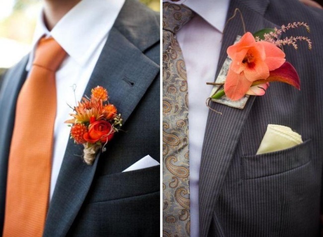 pomarančový kvet na klope-jesenné nápady na drotárstvo-olistenie-vreckovky oranžové kvety na klope-jesenné listy-vreckové-štvorce-bielo-žlté