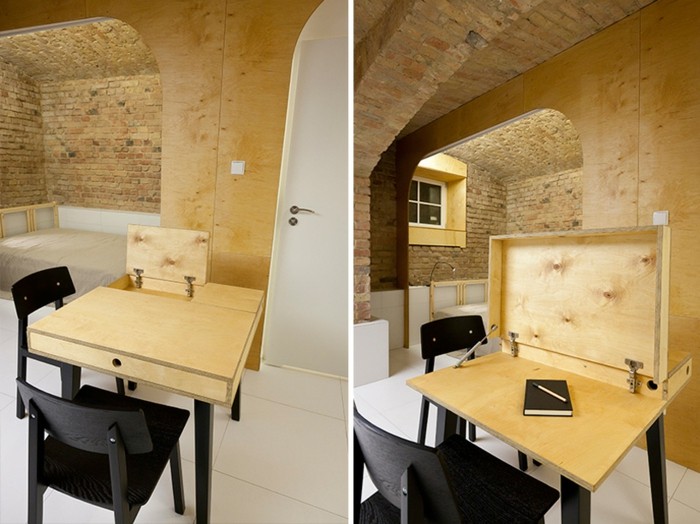 suterén dizajn byt jedálenský stôl písací stôl funkčný tehlový