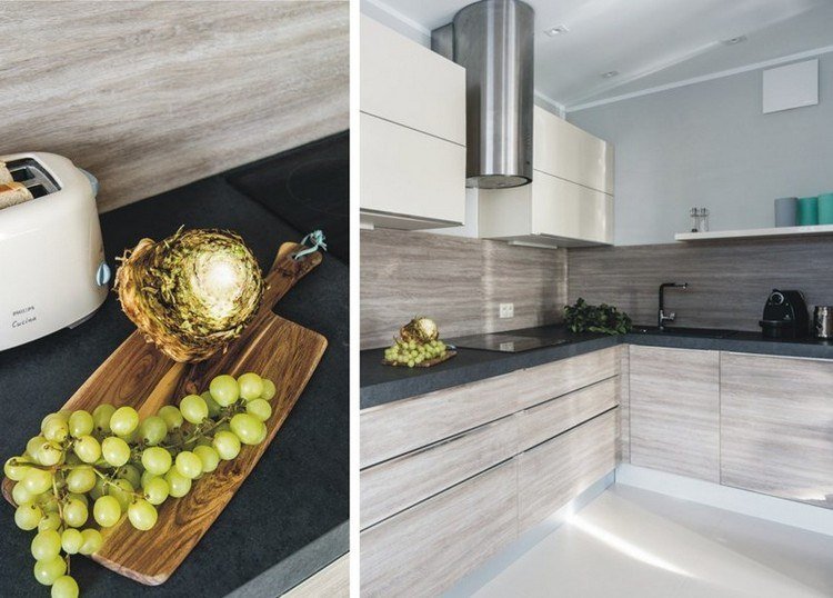 Pracovné dosky do kuchyne nápady čierny umelý kameň dekor dreva sivé fronty