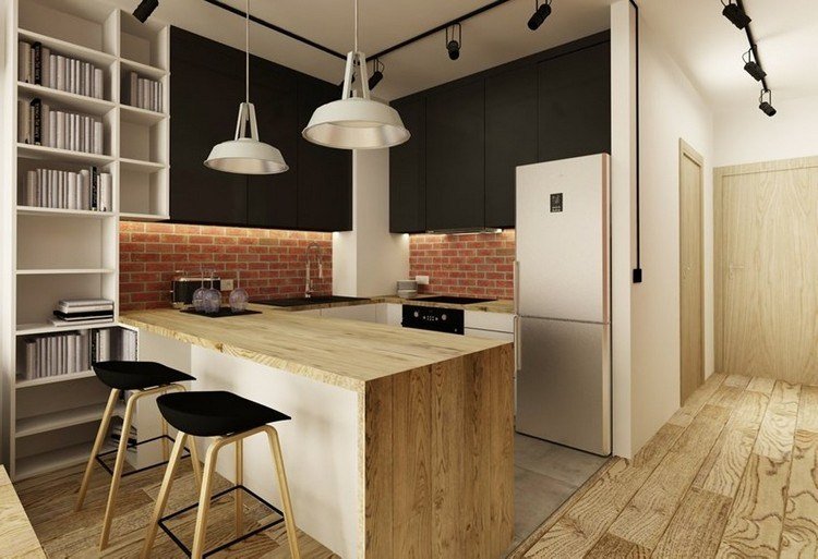 Pracovné dosky do kuchyne nápady vzhľad dreva vrchné čierne skrinky ochrana pred striekajúcou vodou tehlový vzhľad