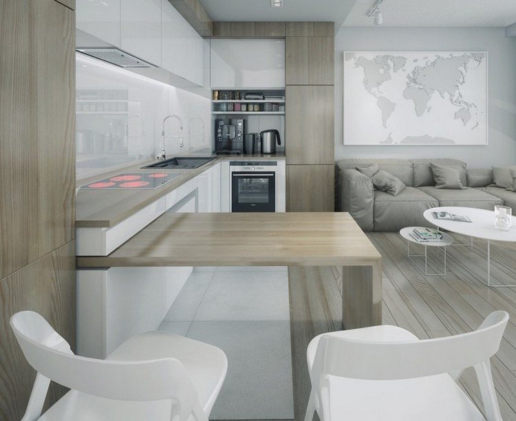 Dosky-kuchynské nápady-drevená optika-svetlé-biele-fronty-obývačka-kuchyňa