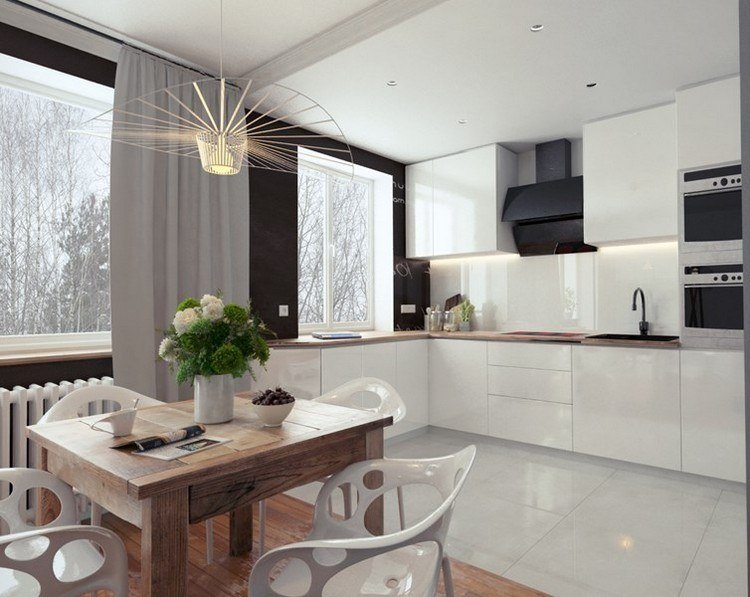 Dosky-kuchynské nápady-vzhľad-dreva-vysoký-lesk-biela-fronty-čierna-farba na stenu