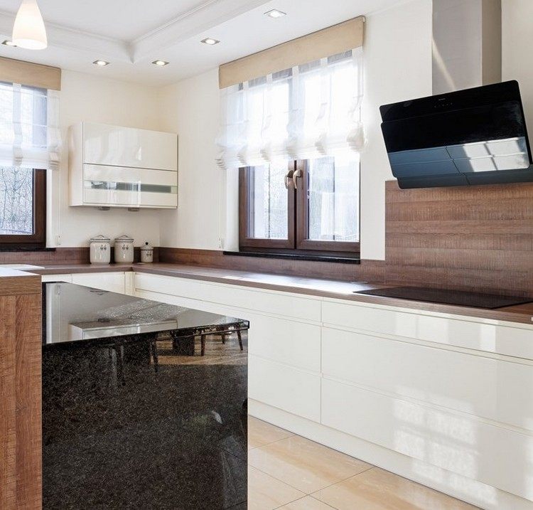 Dosky-kuchynské nápady-vzhľad dreva-ostrov-čierna-umelý kameň-biele-fronty