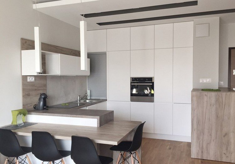 Dosky-kuchynské nápady-umelý kameň-sivá-matná-biela-bezúchytkové-čelá-kuchynské-stoličky-stoličky