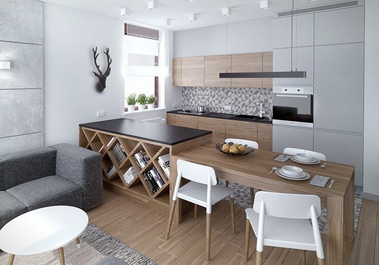 Dosky-kuchynské nápady-čierna-umelý-kameň-drevené-čela-geometrické-obklady