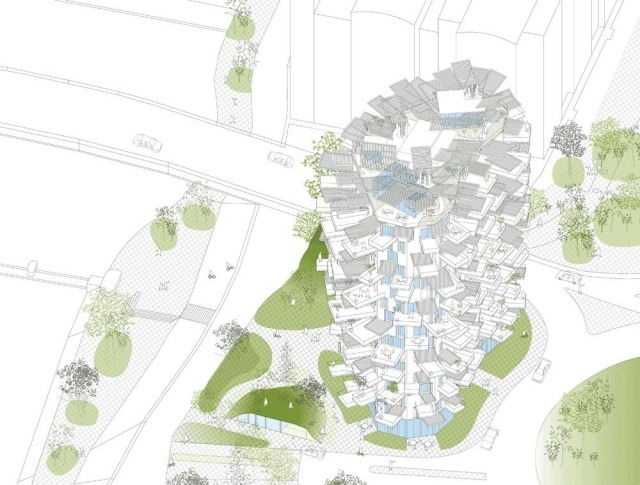 17-poschodový Arbre Blanc-fujimoto podľa vzoru otvárania šišky