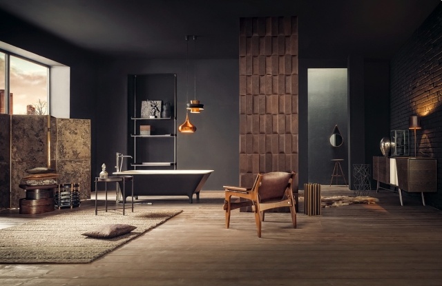 Voľne stojace nápady na dizajn voľne stojacej vane v obývacej izbe