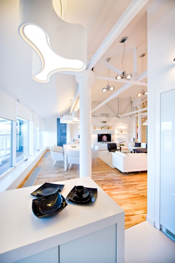 Kuchynský pult-biela obývacia izba výhľad