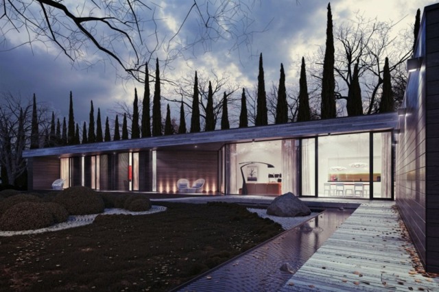 moderná architektúra dom drevená stena sklenená vložka posuvné dvere jednoposchodové Drevená stena sklenená vložka posuvné dvere jednopodlažná budova