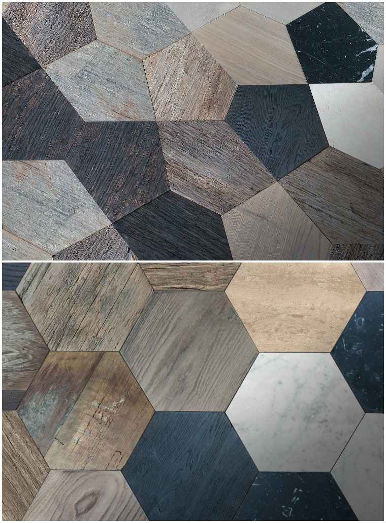 Rôzne materiály štýlovo kombinované v jednej podlahovej krytine mimoriadne-živé-nápady-dizajn-parkety-geometrické-šesťuholníky-model