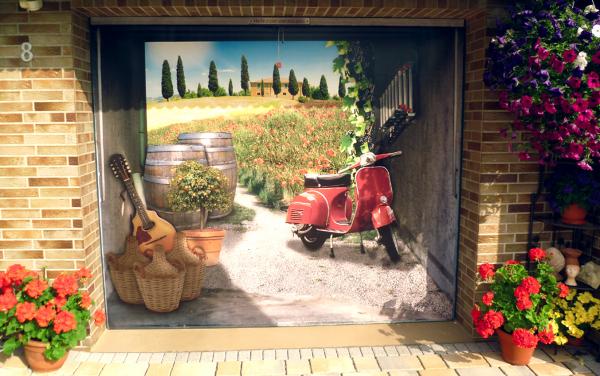 Samolepky na garážovú bránu Toskánsko na šírku červená vespa