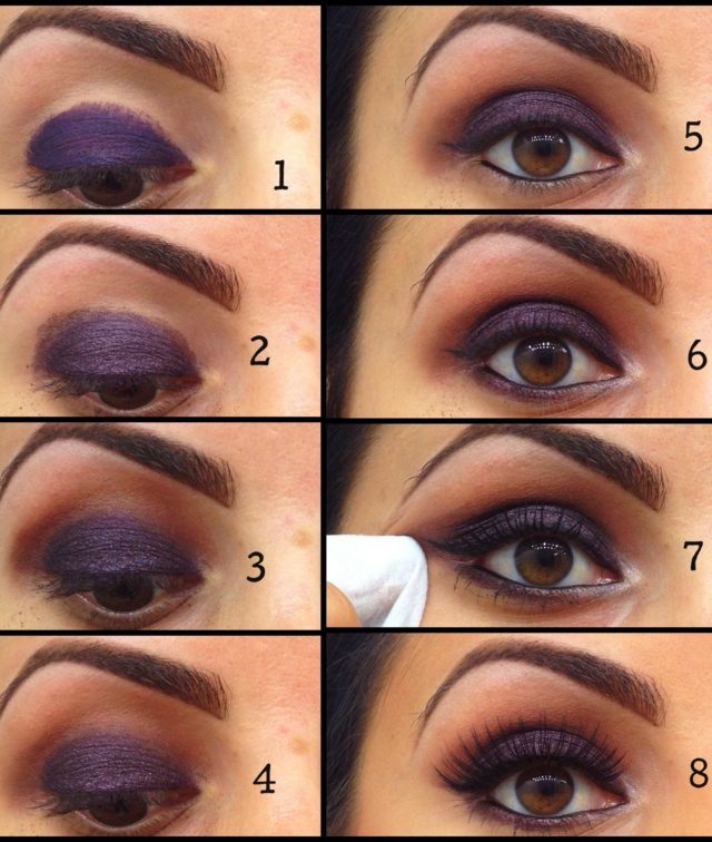 Oči nalíčte v tmavofialovej farbe purpurové tmavé tipy make-up modré oči