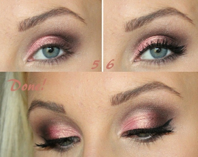 Make-up v krokoch 5 a 6 a konečný výsledok ružové očné tiene lesklé oči make up nápad